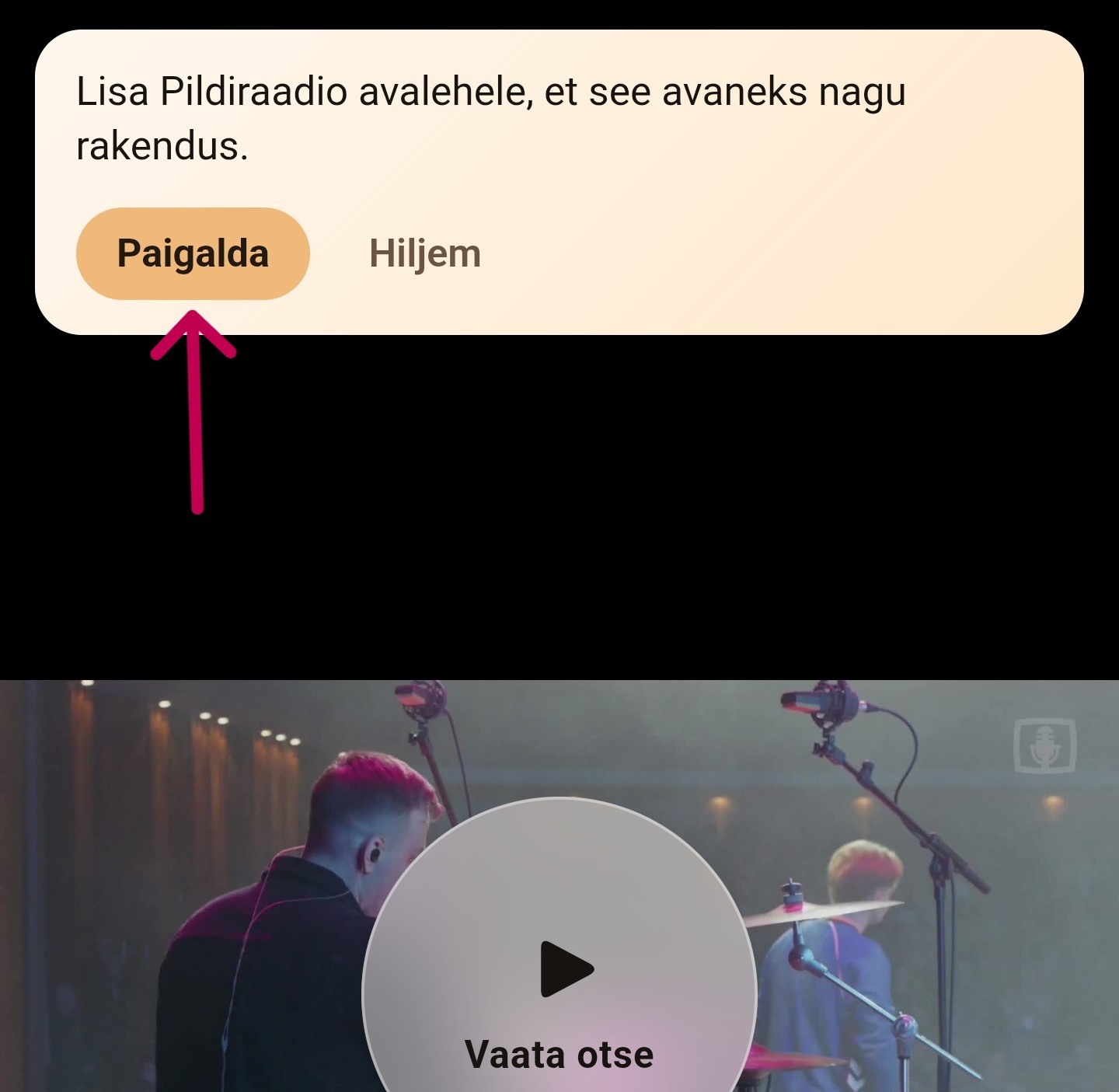 Pildiraadio leht, kus ülal on riba nupuga Paigalda